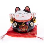 Chat porte - bonheur maneki neko - statuette en porcelaine blanche
