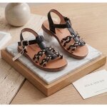 Chaussures - sandales - fille - cuir - noir - dor� ? tress�es - fermeture boucle - pointure 32 au 36