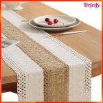 Chemin de table - akozon - rustic - coton - broderie macram� & pompons - 180 x 30 cm