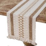 Chemin de table - maison - bohème - coton et lin - 30 x 275 cm - glands décoratifs Chemin de table - maison - bohème - coton et lin - 30 x 275 cm - glands décoratifs