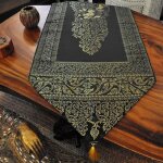 Chemin de table - napp�coration - tissu noir - pompons dor�s - motif �l�phants - 23x200cm