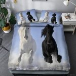 Parure de couette - cheval - 1 housse de couette 160x210cm - 1 taie doreiller 48x74cm - bleu - tissu ...
