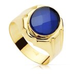 Chevaliere pour homme en or 18 carats avec une pierre spinelle bleue ovale creuse