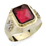 Chevaliere en or bicolore 18 carats gentleman �cussons lat�raux rectangulaires sculpt�s de spinelle rouge ...