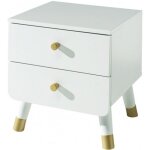 Chevet enfant blanc satin 2 tiroirs de rangement pieds oblique dor� 40 blanc