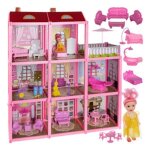 Cobye - maison de poup�e pour enfants 3 niveaux ?22 accessoires balcon poup�e et meubles complets