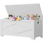 Coffre � jouets en bois massif - lunsy - ultra - r�sistant - 100x40x45 cm - blanc - charni�re � fermeture ...
