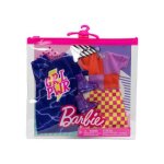 Coffret 2 habits barbie : robe bleu + jupe a carreaux jaune et rose et bottes - tenue de ville - vtement ...