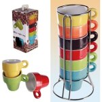 Coffret 6 tasses espresso - out of the blue - c�ramique - support m�tal - couleurs vari�es - design contempora ...