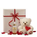 Coffret cadeau femme : ourson 25 cm blanc &amp huile damande bio - style romantique - couleur:blanc taille:25 ...