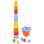 Coffret jeux deveil girafe bebe : 10 gobelets gigognes + 5 formes + seau trieur - jouet a trier et a ...