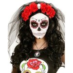 Coiffe fleurs rouges avec tte de mort femme dia de los muertos - accessoire de dguisement