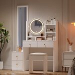 Coiffeuse 4 - en - 1 avec miroir plein pied miroir pivotant led 3 couleurs 4 tiroirs et tabouret blanc ...