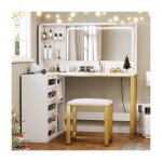 Adwolt coiffeuse dangle en l avec miroir lumineux led 5 tiroirs &amp �tag�res tabouret inclus 120x80x135cm ...