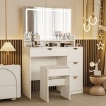 Coiffeuse blanc avec miroir led tactile r�glable tabouret 4 tiroirs prise et port usb support s�che - ...