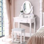 Coiffeuse classique avec miroir ovale rotatif 360�tabouret3 tiroirsmeuble de maquillageblanc moderne75x40x136 ...