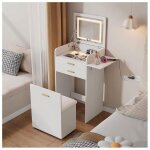 Coiffeuse compacte avec miroir led rabattable + tabouret ? mobilier fonctionnel id�al pour petits espaces. ...