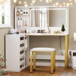 Coiffeuse dangle l avec miroir led et tabouret 5 tiroirs �tag�res r�glables 3 modes de lumi�re meuble ...