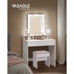 Coiffeuse avec Éclairage led, tabouret, avec 2 tiroirs et 3 compartiments, blanc et blanc mat - rose ... Coiffeuse avec Éclairage led, tabouret, avec 2 tiroirs et 3 compartiments, blanc et blanc mat - rose ...