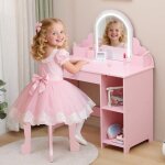 Coiffeuse pour enfants avec miroir lumineux et tabouret bureau pour enfants avec etag�res de rangement ...