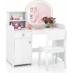 Coiffeuse enfants costway avec miroir led et chaise pour filles 2 �tag�res et tiroir porte en bois blanc ...