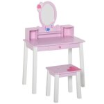 Coiffeuse enfant table de maquillage avec tabouret 1 tiroir miroir 59 x 39 x 92 cm bois rose neuf
