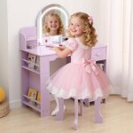 Coiffeuse pour enfants avec tabouret et miroir led - tiroirs table de maquillage enfants 3 + ans - violet ...