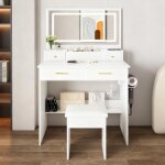 Coiffeuse avec grand miroir led et tabouret rembourr� - 80x40x137 cm - avec 1 prise 4 tiroirs et support ...