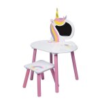 Coiffeuse licorne - blanc - rose - meuble de chambre - bois - panneaux de particules - enfant - rangements ...