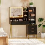 Coiffeuse avec miroir led 2 prise et port usb 5 tiroirs et �tag�res de rangements ouvertes noir