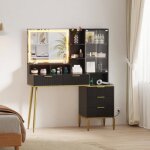 Coiffeuse avec miroir led r�glable 2 prise et port usb 5 tiroirs de rangement 114 x 46 x 138 cm noir