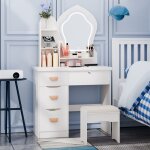Coiffeuse avec miroir led et tabouret - fianao - 4 tiroirs - 3 modes d�clairage - 80x40x135cm - montage ...