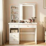 Coiffeuse avec miroir led tactile r�glable - miroir coulissant et rangement cach� - 4 tiroirs - 35x85x1285 ...