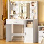 Coiffeuse - teenfon - grand miroir led r�glable - 1 tiroir & armoire - 85x40x136 cm