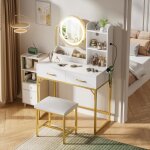 Coiffeuse avec miroir et tabouret blanc - marque - 2 tiroirs et 2 prises et 2 usb - 3 modes dclairage ...