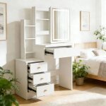 Coiffeuse plateau double niveau miroir led tactile r�glable 4 tiroirs 33 x 80 5x 1255 cm blanche sans ...