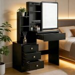 Coiffeuse plateau double niveau miroir led tactile r�glable 4 tiroirs 33x805x1255 cm noir