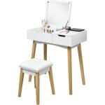 Costway coiffeuse rabattable table de maquillage avec 1 miroir carr1 tabouret capitonn1 tiroir et 1 ...
