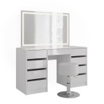 Coiffeuse sherry 128. 2cm avec miroir led et tabouret blanc / blanc haute brillance vicco 57636