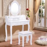 Coiffeuse table de maquillage 75x40x145cm avec miroir ovale 1 tabouret pieds en pin et 4 tiroirs blanche ...