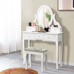 Coiffeuse - bois - miroir ovale - 5 tiroirs - tabouret - blanc Coiffeuse - bois - miroir ovale - 5 tiroirs - tabouret - blanc