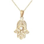 Collier - femme / enfant - pendentif - main de fatma - plaqu� or jaune 750 / 1000 - cristal - blanc - ...