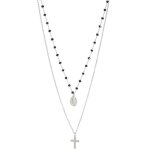 Collier double rangs avec croix et vierge en acier argent� et perles de couleur.