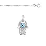 Collier - femme - chaîne et pendentif - main de fatma - mauvais oeil - bleu - argent fin 925 / 1000 - ... Collier - femme - chaîne et pendentif - main de fatma - mauvais oeil - bleu - argent fin 925 / 1000 - ...