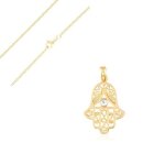 Collier - femme - cha�ne gourmette - pendentif - main de fatma - cristal - blanc - plaqu� or jaune 750 ...
