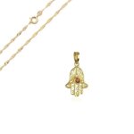 Collier femme - chane et pendentif - main de fatma - cristal - rouge - plaqu or jaune 750 / 1000 - ...