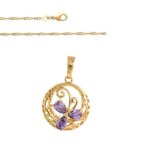 Collier - femme - chane et pendentif - rond - papillon - cristal - violet - plaqu or jaune 750 / 1000 ...