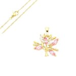 Collier - femme - cha�ne et pendentif - arbre de vie - cristal - rose - plaqu� or jaune 750 / 1000 - ...