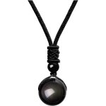 Collier pendentif en obsidienne noire naturelle de 16 mm orn� de perles de chakra et dun cordon tress� ...