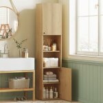 Colonne de salle de bain avec 2 portes et �tag�res r�glables bois couleur naturelle finition rainur�e ...